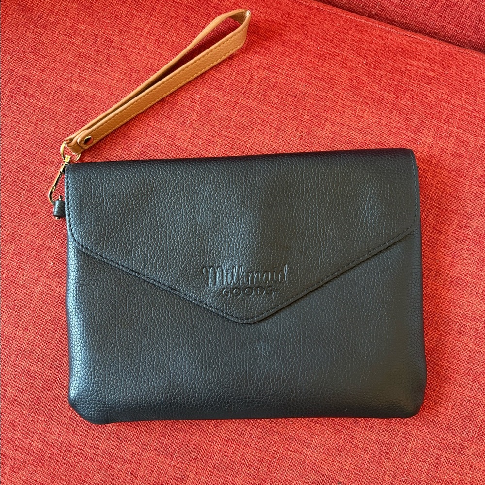 Milkmaid Goods black Leather clutch with gingham lining